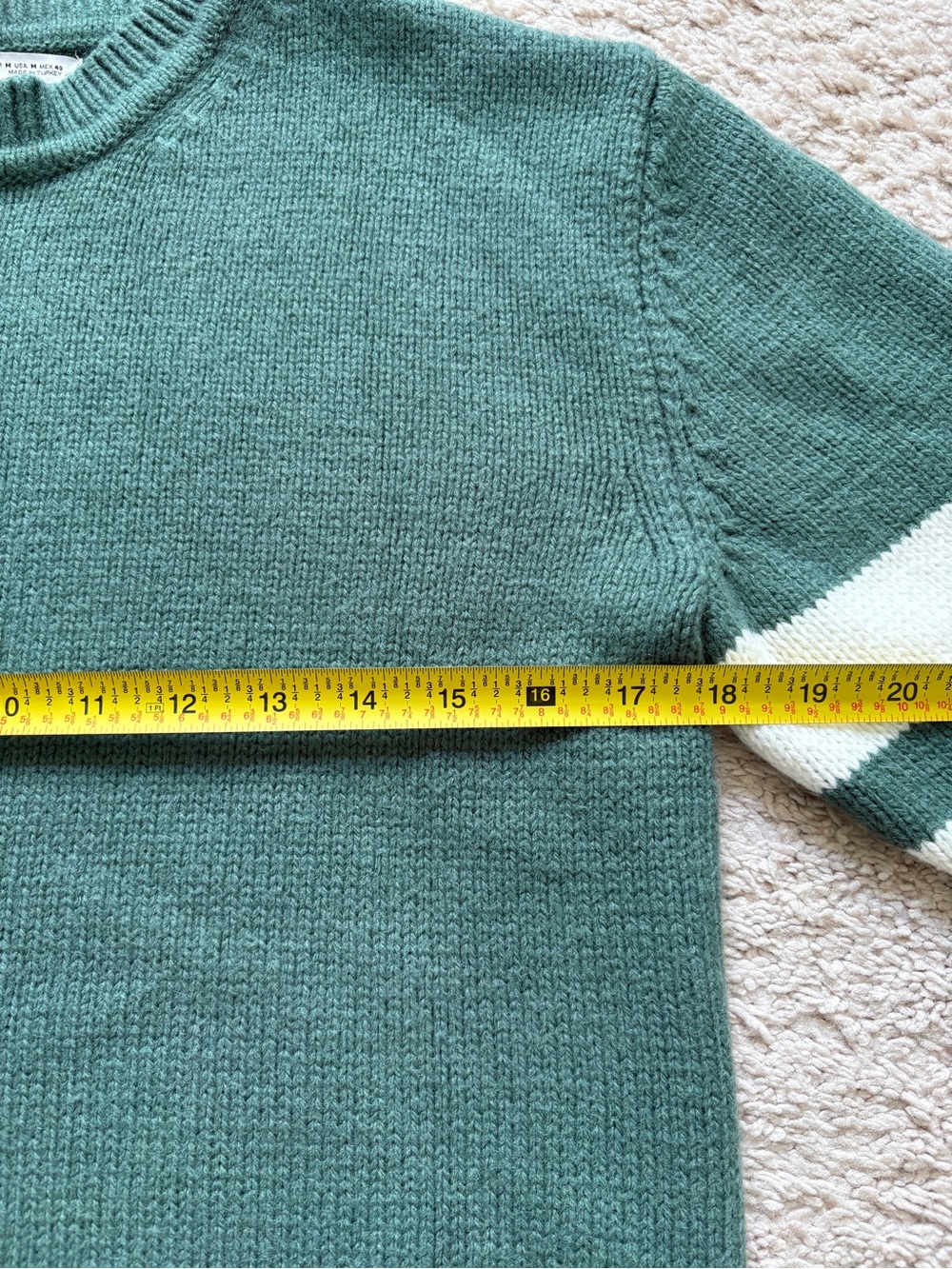 Zara Women’s Crewneck Sweater in Sage Green with White Sleeve Stripes - Picture 5 of 6